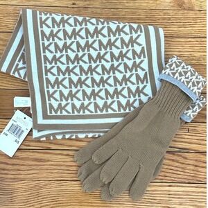 Michael Kors Scarf and Gloves Set Camel Cream MK Monogram Logo Knit NWT 537807C